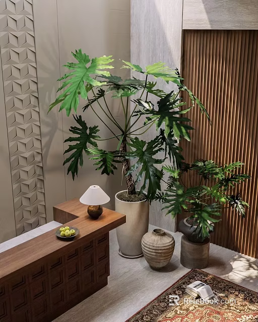 Large And Small Indoor Potted Plants With Wooden Table Decorative Lamp Geometric Pattern Wall 3d model 