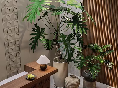 Large And Small Indoor Potted Plants With Wooden Table Decorative Lamp Geometric Pattern Wall 3d model