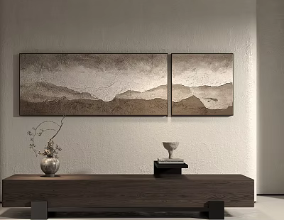 Abstract Mountain Landscape Paintings On Wall With Wooden Console Table And Decorative Ornaments 3d model