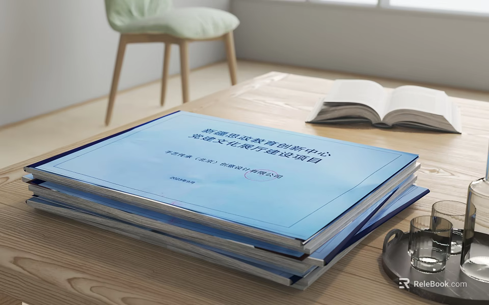 Stacked Blue Books And Magazines On Wooden Table With Open Book And Glasses 3d model 