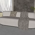 Gray Sectional Sofa with Beige Throw Pillow Knitted Blanket and Curtains in Living Room