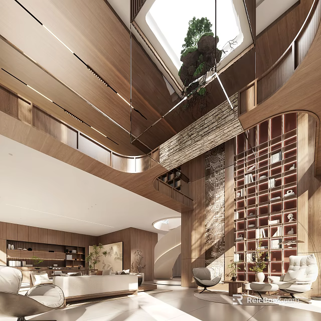 Hotel Lobby Modern Interior Design With Wooden Decor High Ceiling Greenery Bookshelf And Seating Area 3d model 