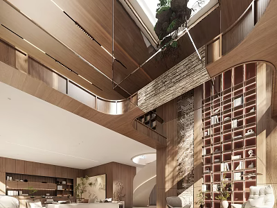 Hotel Lobby Modern Interior Design With Wooden Decor High Ceiling Greenery Bookshelf And Seating Area 3d model