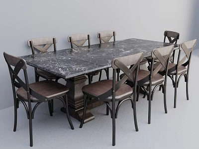Modern Dining Table Set With Marble Top And Eight Cross Back Wooden Frame Chairs 3d model