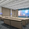 Modern Conference Room Interior With Wooden Long Tables Stepped Seating And Multiple Screens