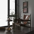 Leather Leisure Chair With Wooden Frame Side Table Near Window Curtains And Decorative Paintings