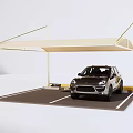 Modern Carport Shelter With Light Colored Canopy And Parked Black Car In Parking Area