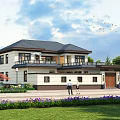 Chinese Design Detached Villa Featuring Black Roof Balcony Lush Green Plants And Front Yard