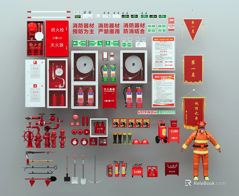 Essential Fire Equipment Including Extinguishers Hydrants Hoses Tools And Safety Uniforms 3d model
