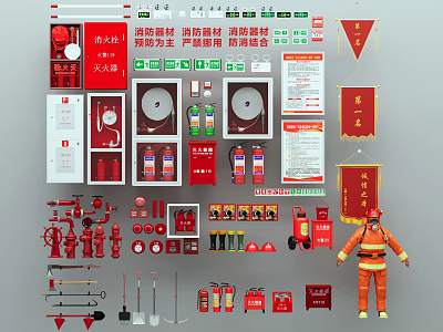 Essential Fire Equipment Including Extinguishers Hydrants Hoses Tools And Safety Uniforms 3d model