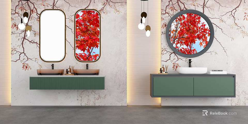 Modern Bathroom Vanity With Oval Mirrors Red Maple Leaves Green Cabinets And Pendant Lights 3d model 