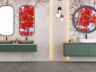 Modern Bathroom Vanity With Oval Mirrors Red Maple Leaves Green Cabinets And Pendant Lights 3d model