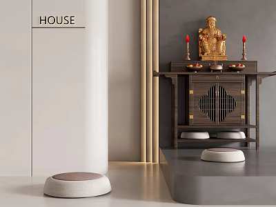 Modern House Interior Altar Table with Golden Deity Statue Red Candles and Cushions 3d model