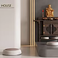 Modern House Interior Altar Table with Golden Deity Statue Red Candles and Cushions