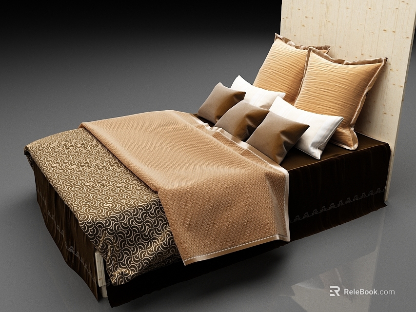 Elegant Brown Bed With Patterned Bedspread Multiple Pillows And Wooden Headboard 3d model 