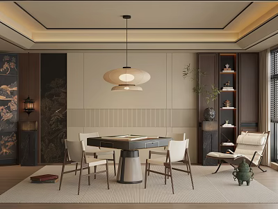 Chinese Style Recreation Room With Mahjong Table Pendant Light And Decorations 3d model