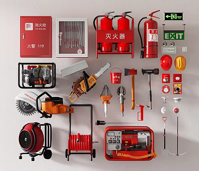 Essential Fire Safety Equipment Including Extinguishers Hydrants Emergency Lights And Tools 3d model