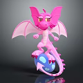 Pink Dragon With Yellow Eyes And Wings Standing On Blue Spotted Ball With Arrow