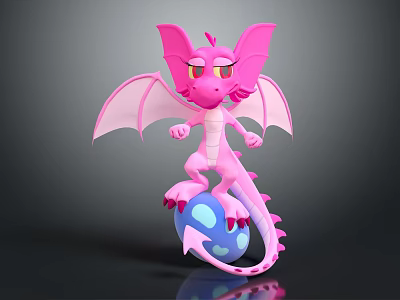 Pink Dragon With Yellow Eyes And Wings Standing On Blue Spotted Ball With Arrow 3d model