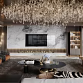 Modern Luxury Living Room Featuring Crystal Chandelier Large Sofa Coffee Table And Area Rug
