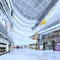 Spacious Bright Modern Shopping Mall Lobby With Geometric Glass Skylight And Luxury Fashion Stores