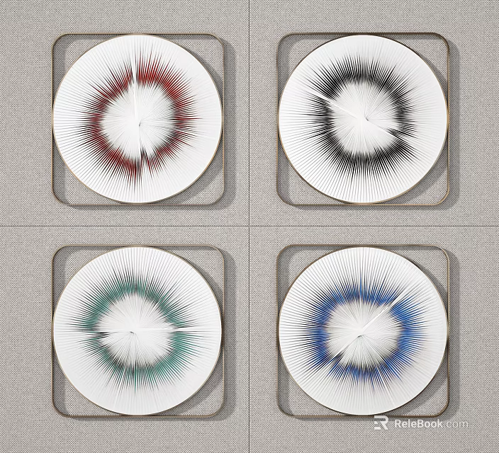 Colorful Circular Decorative Plates With Radial Design And Square Frames For Wall Decor 3d model 