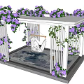 Pergola Decorated with Purple Flowers and Hammock Where Person Sits on Stone Floor