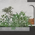Lush Green Indoor Plants in Concrete Planter with Gray Wall Arched Doorway and Wooden Logs