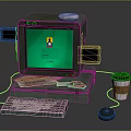 Vintage Computer Setup With Green Screen Keyboard Mouse Coffee Cup And Papers 3d model