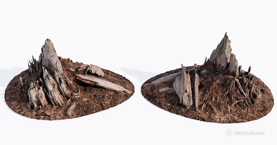 Natural Scenic View of Weathered Wood Pieces and Stones on Soil Mounds 3d model 