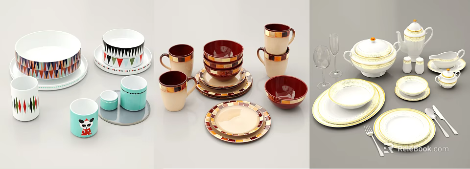 Geometric Patterned Dinnerware Set With Red Beige Orange Bowls Cups And Plates Stacked Displayed 3d model 