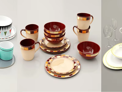 Geometric Patterned Dinnerware Set With Red Beige Orange Bowls Cups And Plates Stacked Displayed 3d model