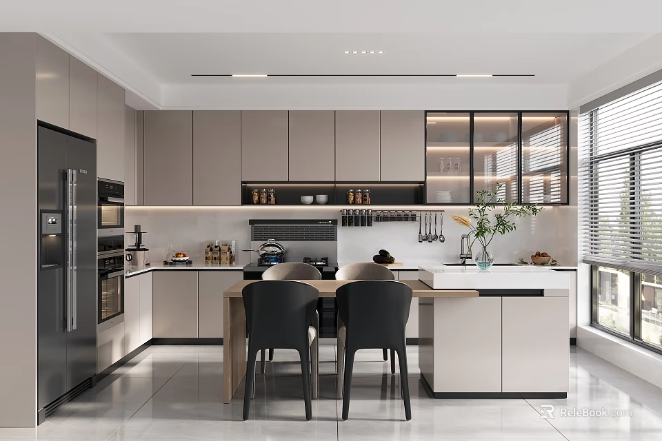 Modern Restaurant Kitchen Interior With Open Layout Marble Island Black Chairs And Cabinets 3d model 