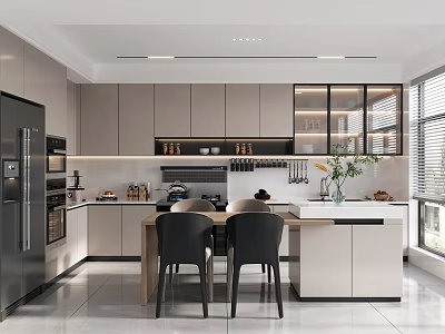 Modern Restaurant Kitchen Interior With Open Layout Marble Island Black Chairs And Cabinets 3d model