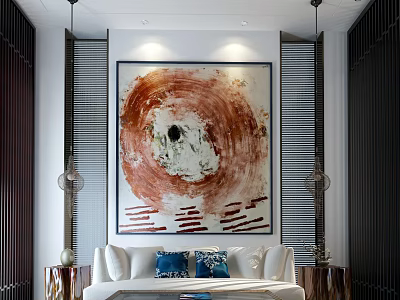 Modern Living Room Interior Design With Abstract Painting White Sofa Blue Cushions And Metal Tables 3d model