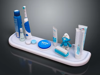 Bathroom Oral Care Set With White Tray Electric Toothbrush Toothpaste MELA Lid And Smurf Figurine 3d model