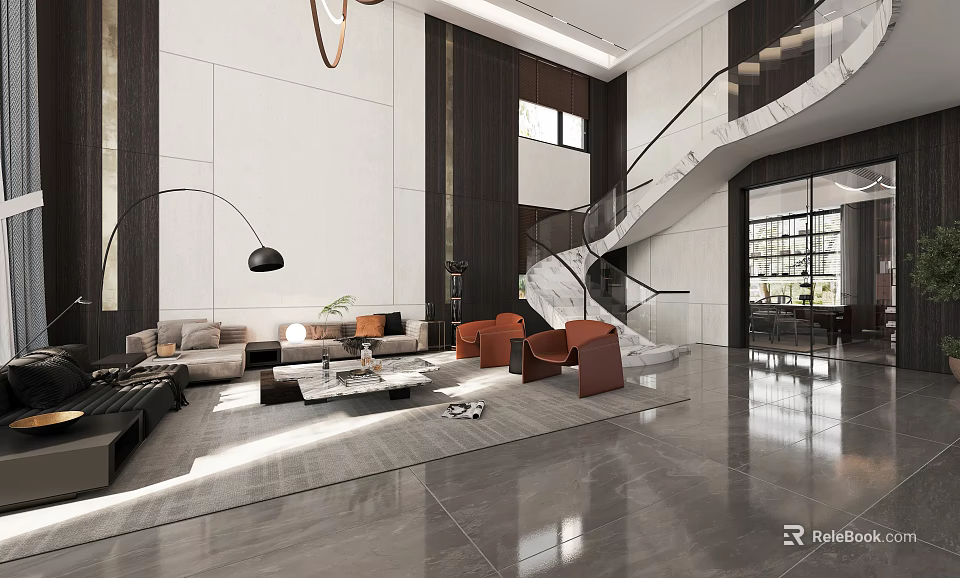 Modern Duplex Living Room Interior With Sofa Armchairs And Staircase 3d model 