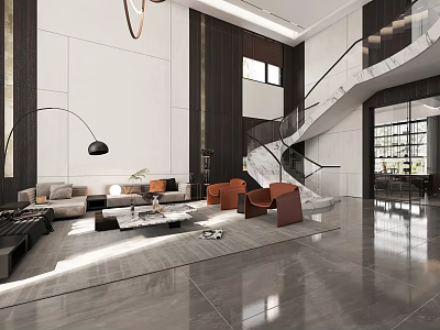 Modern Duplex Living Room Interior With Sofa Armchairs And Staircase 3d model