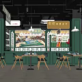 Hong Kong Style Tea Restaurant Interior With Green Decor Wall Posters And Wooden Tables Chairs