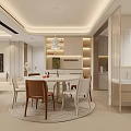Modern Living and Dining Room Interior With Sofa Dining Table Chandelier Carpet And Wooden Shelves