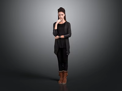 Cute Child In Black Clothing Standing Against Grey Background With Hand On Chin 3d model