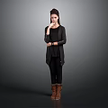 Cute Child In Black Clothing Standing Against Grey Background With Hand On Chin