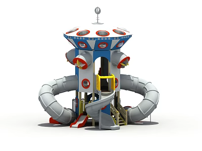 Outdoor Kids Play Tower Structure With Circular Decorations And Curved Slides 3d model