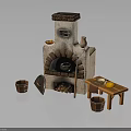 Rustic Stone Hearth Scene With Clay Pot Wooden Table And Buckets
