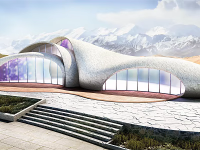 Modern Garden Landscape With Wavy Architecture Glass Windows Stone Steps And Snowy Mountain View 3d model