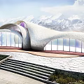 Modern Garden Landscape With Wavy Architecture Glass Windows Stone Steps And Snowy Mountain View