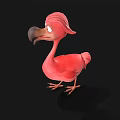 Pink Flamingo Cartoon Character With Big Eyes And Black Beak On Black Background