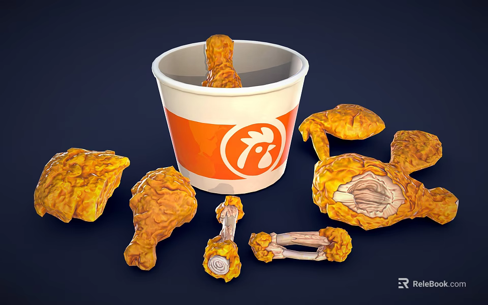Crispy Golden Fried Chicken Pieces With Orange White Bucket Logo And Drumsticks Wings 3d model 
