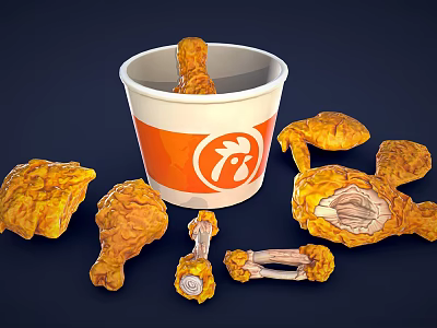 Crispy Golden Fried Chicken Pieces With Orange White Bucket Logo And Drumsticks Wings 3d model