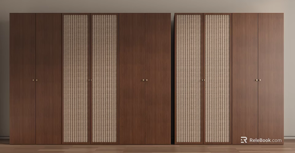 Modern Wooden Wardrobe Design With Woven Panel Doors And Dark Brown Finish 3d model 